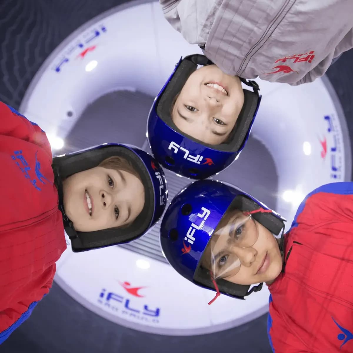 students looking down at camera